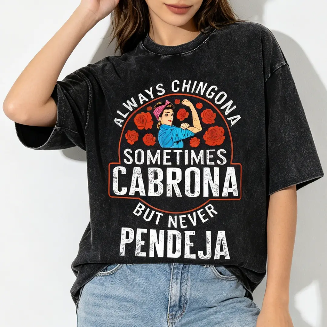 Women's Heavyweight Cotton Oversized Fit Acid Wash Graphic Tee Chicana Latina Female Power Retro Rosie Rose Print Vintage Black Crew Neck Casual Hispanic Soft Retro Ladies Daily Attitude Top
