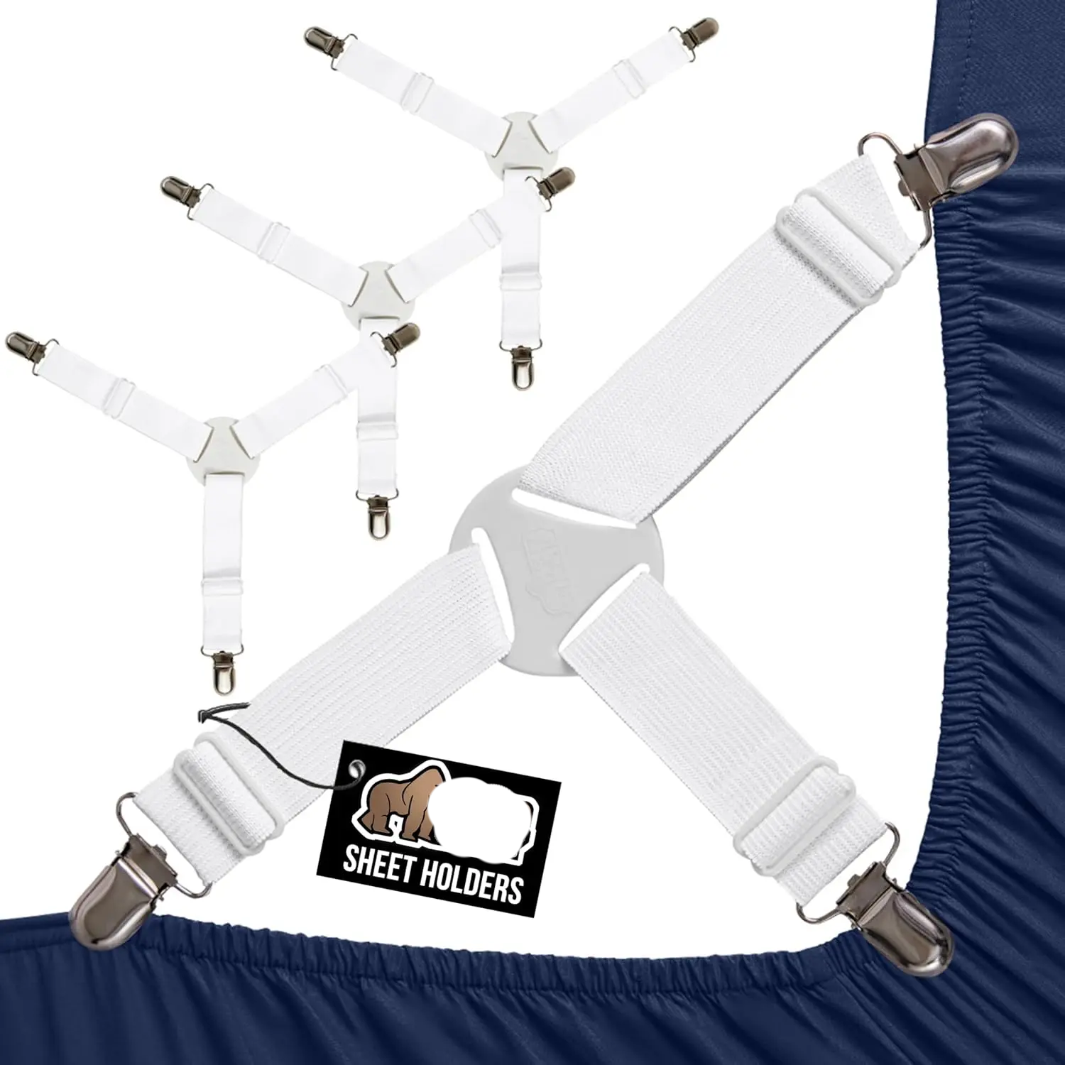 Bed Sheet Holders, Adjustable Elastic Fasteners with Metal Clips, Keep in Place Fitted Bedding Straps, Firm Tight Suspenders for Mattress, US Designed, 4 Pack White