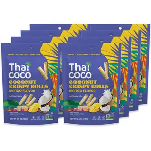 Thai Coco Mango Crispy Coconut Rolls 8 Bag (3.5 oz) - Organic Tropical Snack, Vegan, Gluten-Free, Dairy-Free, Non-GMO, Light Fluffy Healthy Snack
