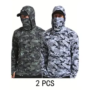 2pcsCamoQuick-DryLightweightHoodedFishingSunProtectionShirt-BreathableLongSleeveOutdoorGearforMen,White&GrayPattern,UVProtection,Fishing&Hiking