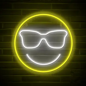 Smiling Face With Sunglasses Neon Sign - Cool Smile Sunglasses LED Light Decor For Kids/Teens Room, Nursery Room, Bedroom, Gaming Room - 13x13 Inch Wall Accessory - USB Powered LED Light With On/Off Switch.