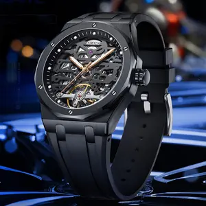 Men's Automatic Mechanical Tourbillon Analog Watches - Polygonal Case, 1-all black rubber/2-silver blue rubber Straps, 30M - 50M Waterproof, Luminous Fashion Wristwatch with Automatic Movement