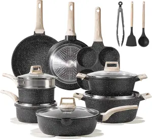 21pcs Pots and Pans Set Nonstick, Cookware Set Black Granite Induction Kitchen Cooking Set w/Frying Pans & Saucepans(PFOS, PFOA Free)