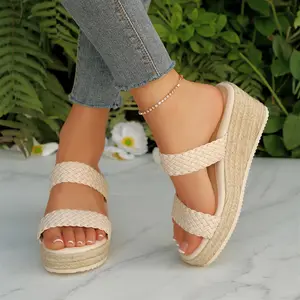 Women's Summer 2025 Woven Strap Slip-on Platform Trendy Sandals, Bohemian Trending Casual Sandals,Summer Beach Flat Shoes, White Breathable Wedges Heels Sandals, Non-slip Mules Shoes for Women & Girls