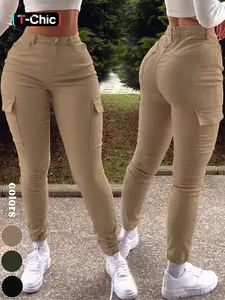 GILIPUR Y2K Khaki Textured Work Pants With Multiple Pockets, Fabric, Slim-Fit, For Summer And Autumn, Women's Slim Fit Sports Pants, Skinny Pants, Casual, All Sizes, Summer, Shop Now