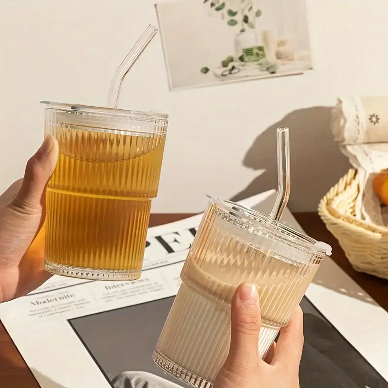 Striped Transparent Glass Cup Set, Lid Straw Water Cup, Juice Cup, Milk Cup, Beverage Cup, Beer Cup, Wine Cup, Heat Resistant Coffee Cup, Clear Glass Cup