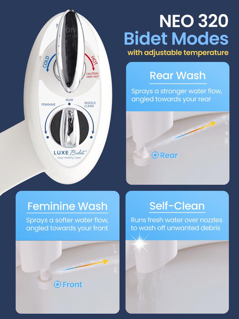 LUXE Bidet NEO 320 - Warm Water, Rear and Feminine Wash, Self-Cleaning, Non-Electric Bidet Attachment for Toilet Seat, Lever Control