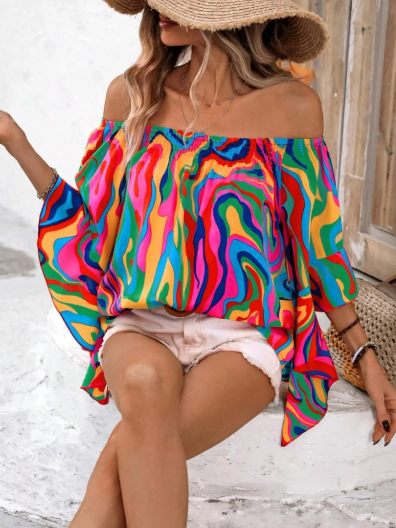 2026 New Summer Vacation Beachy Shirt Blouse, Ruffled Blouse, Dali Pattern, Off-Shoulder, Boho Ruffle Hem, Loose Fit, Oversized, Casual Style, Women's Fashion Top