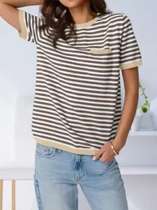 Women's Summer Striped Short Sleeve Knit Top, Round Neck Striped Shirt with Chest Pocket, Casual Fashionable Ladies' Clothing, Knitted Womenswear