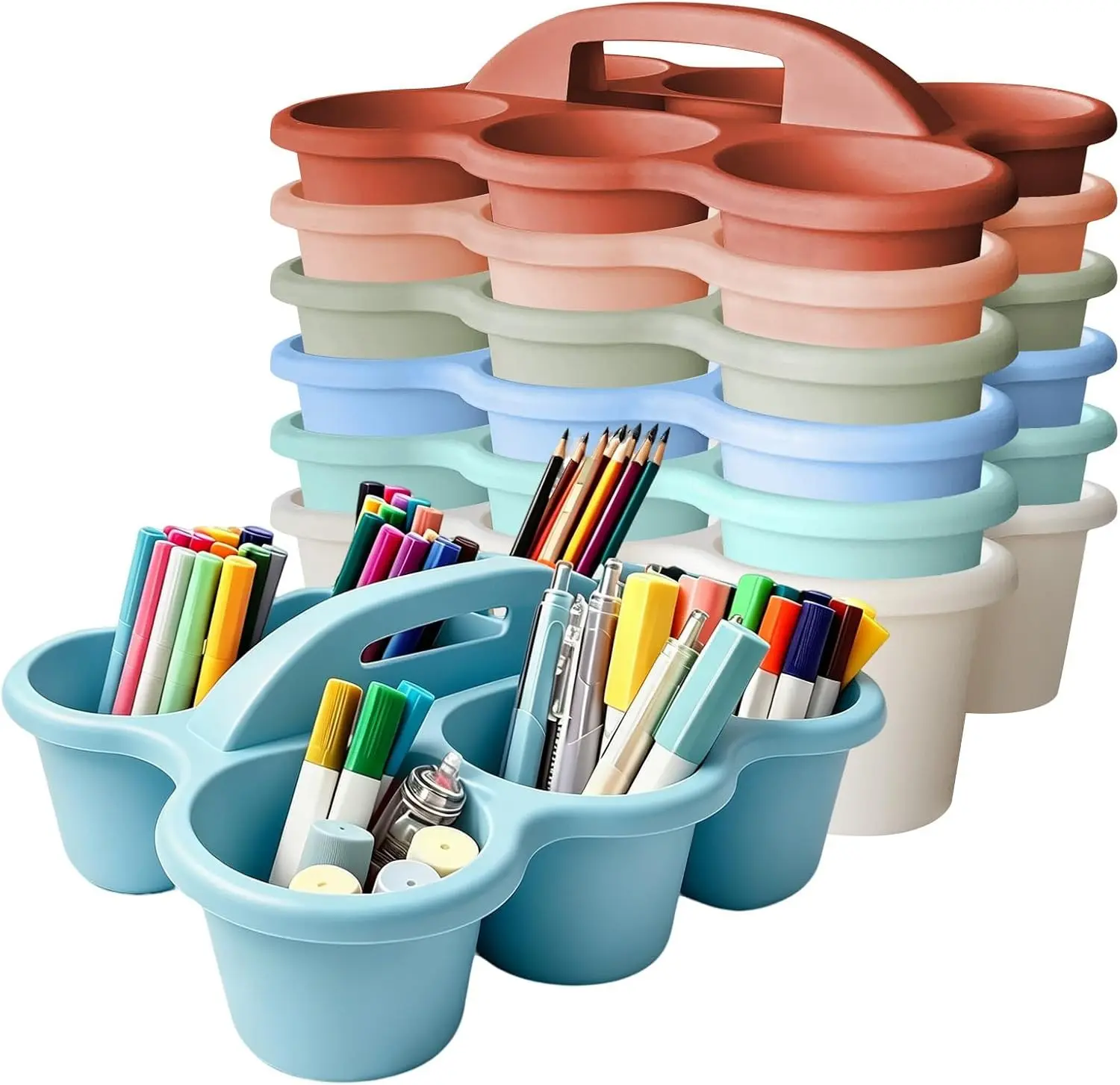 6 Pack Classroom Caddy Organizer with Handle Morandi Plastic Table Caddy 6 Compartments Storage Cup Holder for School Supplies Art Crafts Crayons Pencils Stackable Desk Daddy for Office