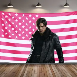 American flag with pink stars and BioShock movie 2D flat design customizable version - machine washable, durable, fade-resistant, easy to install, fast delivery, customizable for home decoration, wall art, party backdrop, fashion display