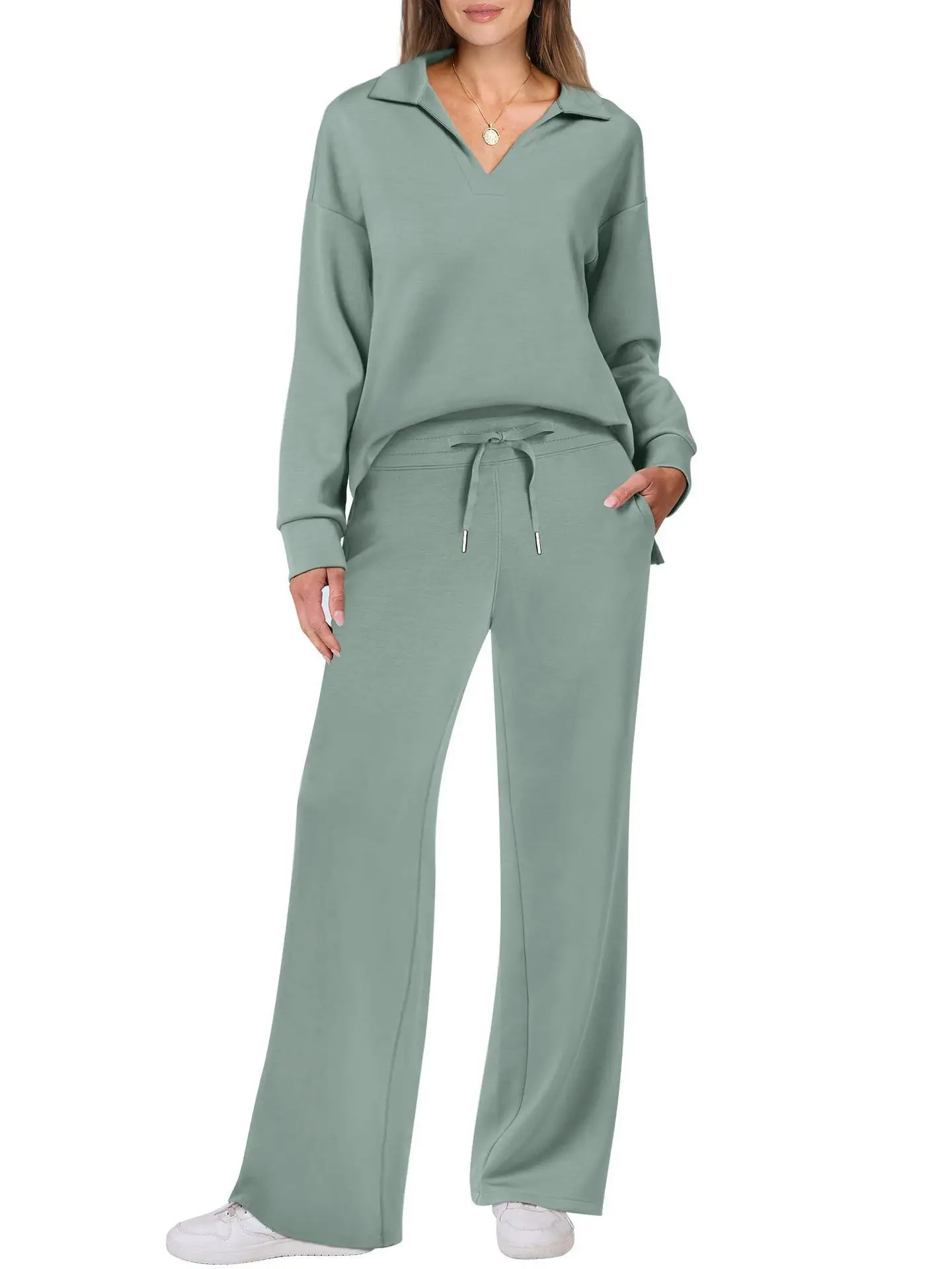 Womens 2 Piece Sweatsuits Set Collared V-Neck Sweatshirts Wide Leg Sweatpants Lounge Tracksuit