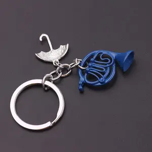 1pc Blue French Horn with Yellow Umbrella Pendant Keychain Cute Metal Key Chain Ring Bag Backpack Charm Car Key Pendant Friends Gift