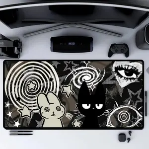 Funny Dark Punk Trippy Bunny & Cat Desk Mat, Alt Grunge Weirdcore Aesthetic Mouse Pad, Keyboard Mat, Emo Anime Desk Mat For Office, Gift For Gamer