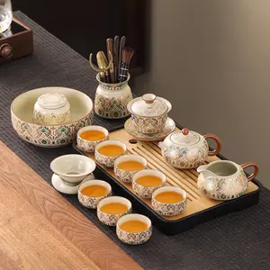 New Ru Kiln Kung Fu Tea Set, a complete set of ceramic Xishi teapot, tea canister, and teacups with a crackle glaze finish