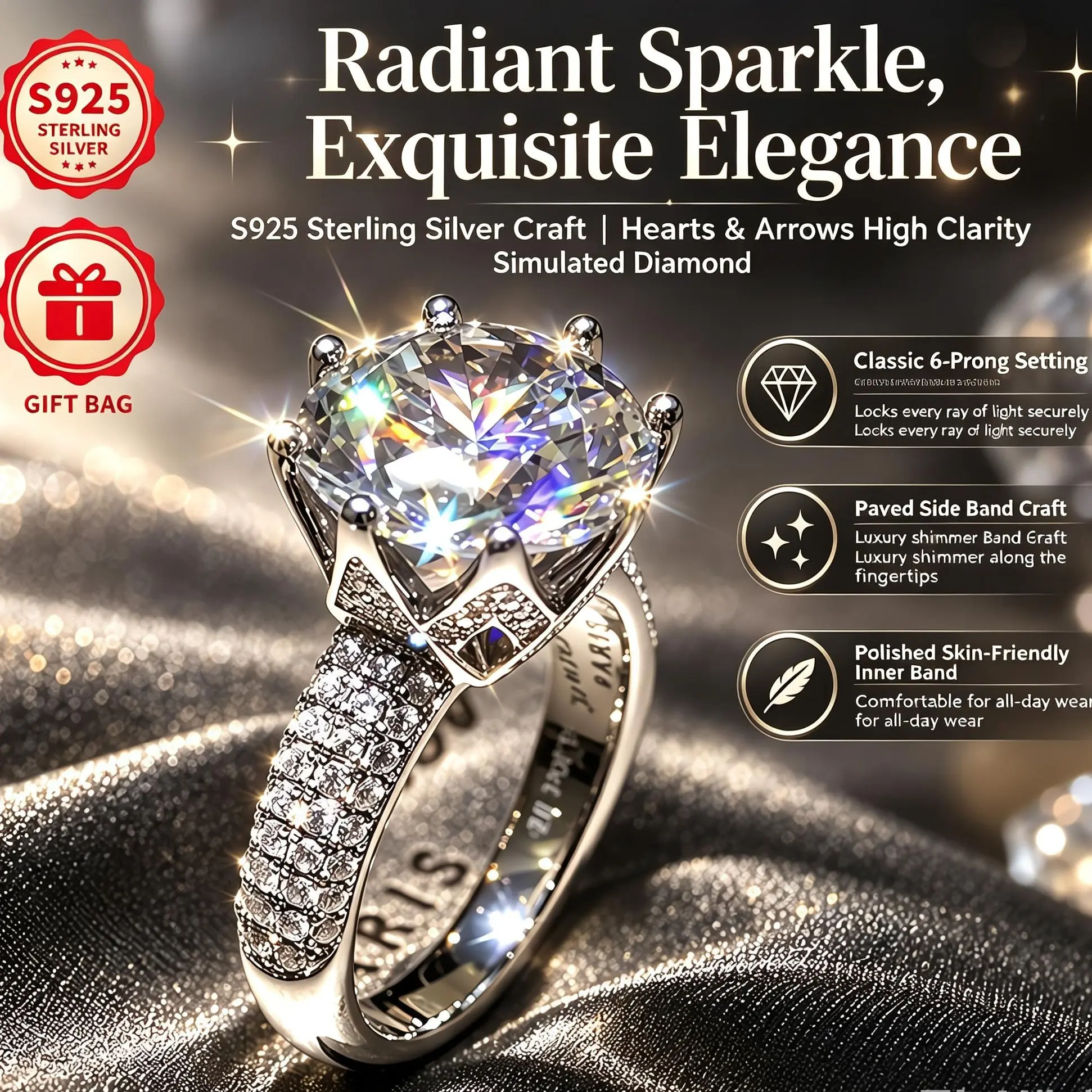 Women's GRA Certified 5 Carat Moissanite Ring, Sterling Silver Dinosaur Egg Shape Crown Setting, Wedding Banquet Statement Costume Jewelry