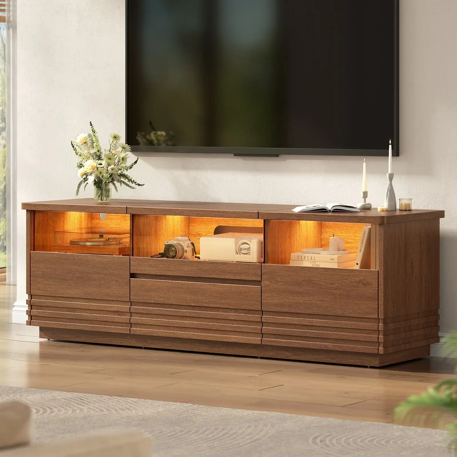 Sikaic 63-in Brown TV Stand with Tempered Glass Top, Built-in LED Light Bar, LED Light Strips & Ambient Room Multimedia Centre for Projector, Built-In Led Light Bar Tv Stands & Multimedia Centres