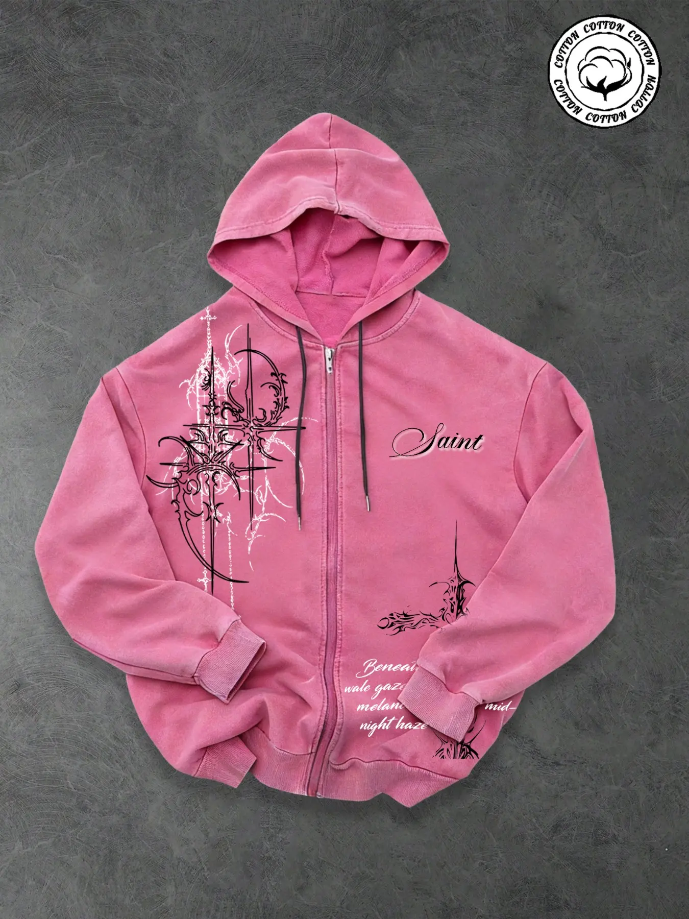 Men's Y2K Dark Aesthetic Saint Thorn Cross Zip Graphic Hoodie