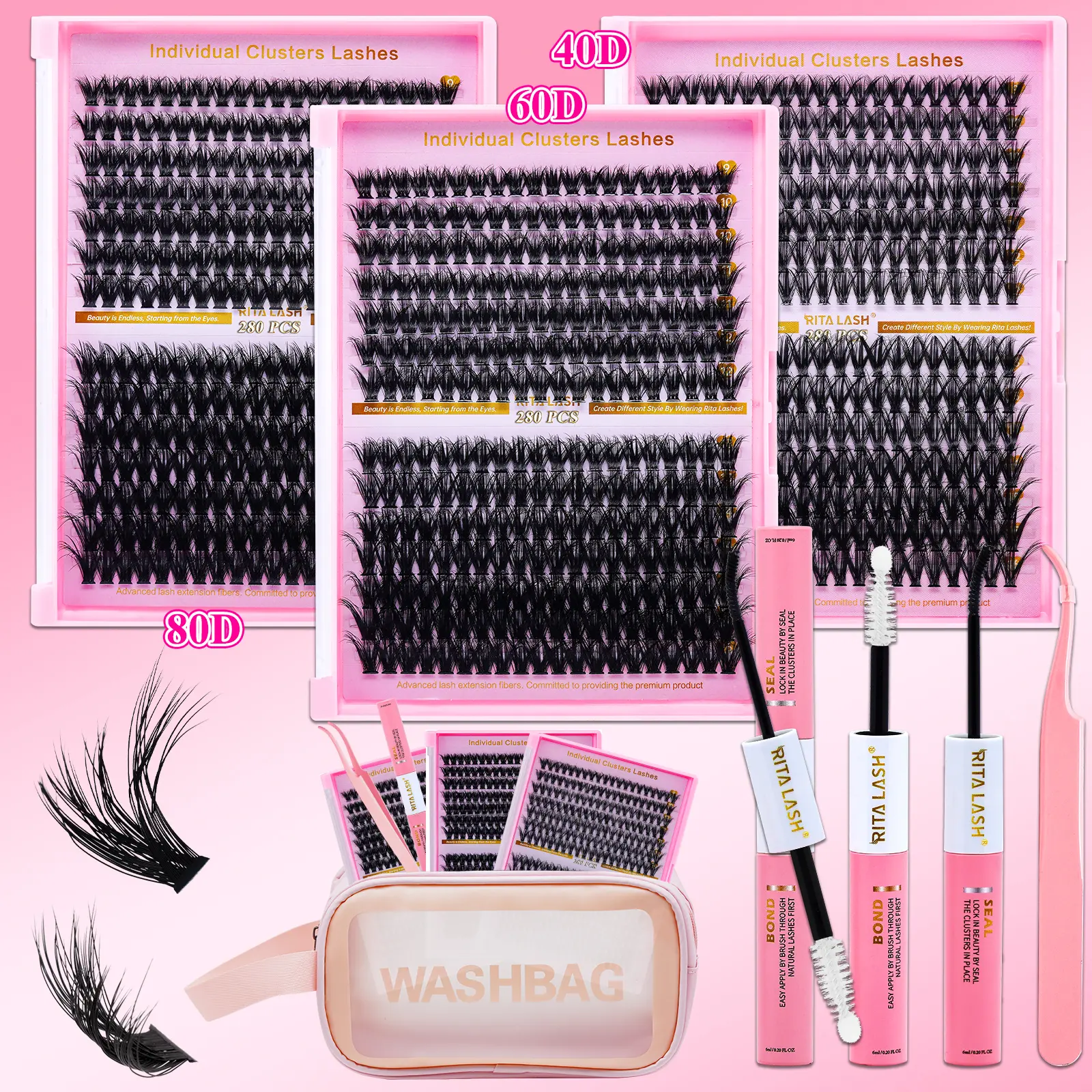 RITALASH 840PCS D Curl  40D+60D+80D Individual Lash Kit Mix Length Soft And Comfortable False Eyelashes Kit With Lash Bond&Seal Tweezers At Home For Daily Life&Dates And Party