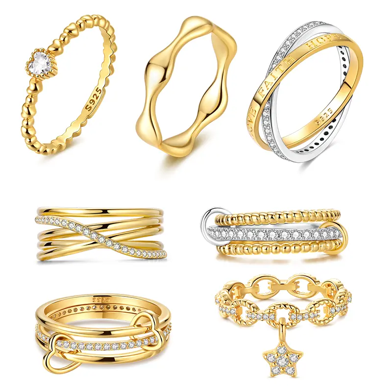 New In 925 Sterling Silver Golden Ring Simple Ring Zircon Stars Heart Fashion Luxury for Women Party Anniversary Wedding Gift