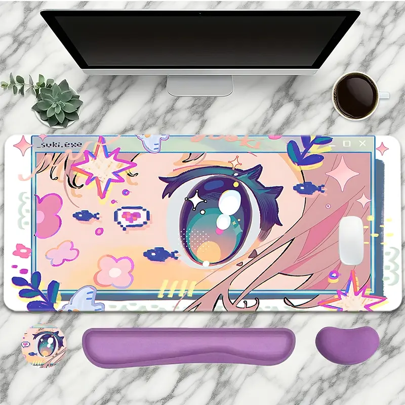 Anime Eye Pattern Mouse Pad With Wrist Rest Set 4PC Pink Large Gaming Mouse Pads Cute Mouse Pad For Desk XXL Non-Slip Rubber Base Desk Pad Keyboard Mat For Office Home Desktop Protector Decor Mousepad Desk Mat Mousepads Aesthetic Ideal For Women