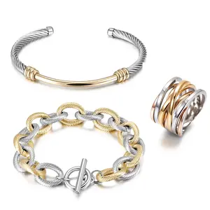 NSB Multi-Color Cable Set - Bangle, Bracelet & Ring, Hypo-Allergenic Stainless Steel, 7" Inner Circumference, Unisex, 12 Months Warranty