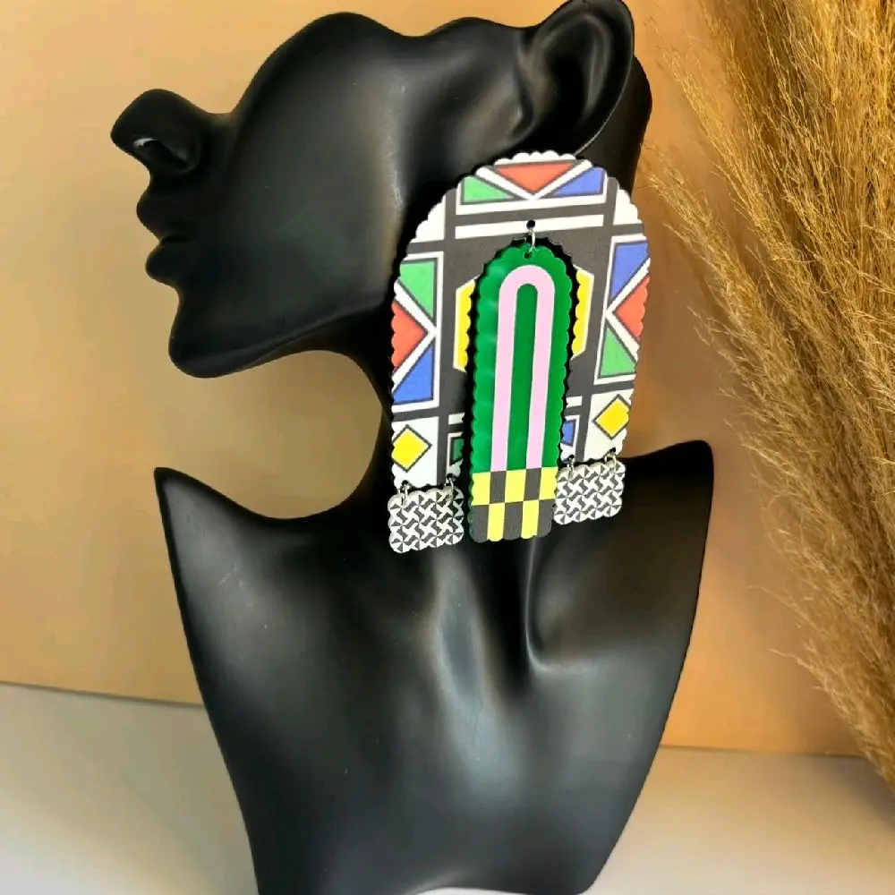 4/ZULU NATAL:  Afrocentric Graphic Oversize Acrylic Stud Earrings, Casual Stylish Fashion Accessory for Women