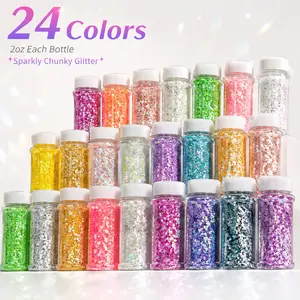 Holographic Chunky Glitter 24 Pack 2oz, Multipurpose Mixed Sequins for Beauty Makeup, Resin Art, Slime Making, Xmas Holiday & Summer Party Decoration