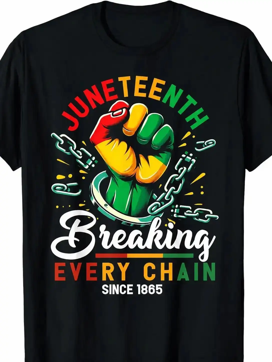 Juneteenth Over Men's 180g All Print T-Shirt 1865 "break Chains" Design, Bright Green & Fist Symbols, African American Freedom Tee, Medium-Stretch Shiny Fabric, Buzzer Beater Tee, Size S, frisco Tshirt breezy style