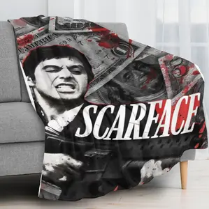 Cute Retro Pop Art Digital Printed Flannel Blanket, Scarface Al Pacino Character Pattern Throw, Dollar Money Mafia Dark Design Sofa Bed Cover, Gift for Movie Lover Men Boys Living Room