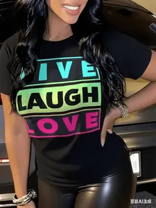 Fashion T-Shirt - Short Sleeve Slim Fit Casual Print T-Shirt Women's - Tights, Black Bottom with Light Turquoise, Green and Pink Striking 'LIVE', 'LAUGH', 'LOVE' Patterns |   Urban Wear with Style and Confidence, Only This One