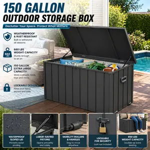 150 Gallon Outdoor Storage Deck Box Waterproof Large Patio Storage Bin for Outside Cushions Garden Tools Lockable Dark Gray XL Container for Home Organization Backyard Furniture Storage Modern Patio Decor Finds Ideas