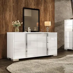 VanAcc Minimal High Gloss 5/6 Drawers Dressers with Silver Grooved Handles, Aesthetic Design, Modern Storage Chest of Drawers with Wide Tabletop, Storage Cabinet for Bedroom, Dressing Room, Living Room