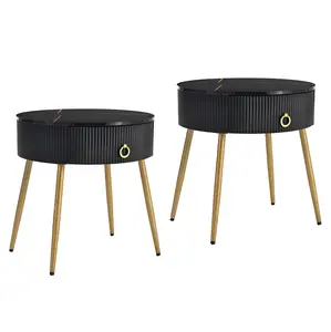 【GOOGREAT】ON-TREND Φ19.6'' Easy Assembly End Tables with High Gloss Faux Marble Tabletops, Set of 2, Modern Fluted 2 Side Tables with Drawers, Round Coffee Tables with Golden Legs for Living Room, Black