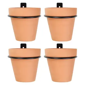 4in Metal Wall Ring Planters w/ Pots 4pk, Wall Mounted Clay Pots w/ Holders for Plants and Flowers