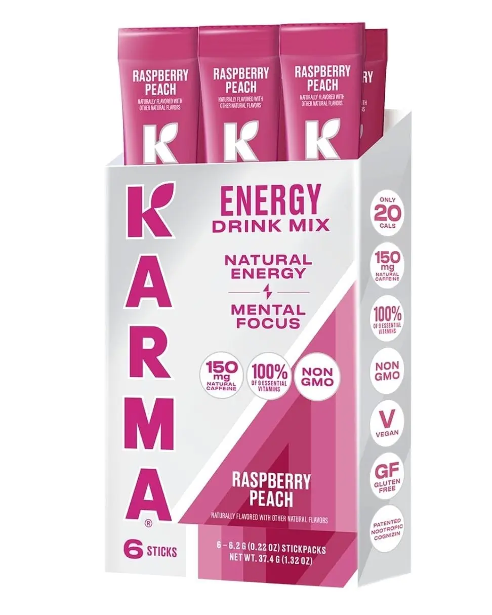 Karma Energy Hydration Packets – 6 Pack, Raspberry Peach Drink Mix with Cognizin® Nootropics, Vitamins & Immune Support, Low Calorie