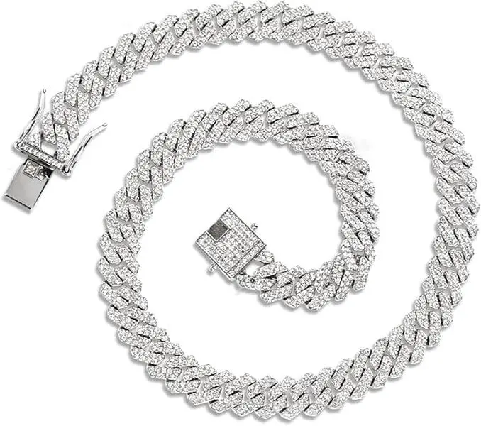 Miami Cuban Link Chain Necklace - Silver Full-Pave Iced Out Synthetic Moissanite AAA Crystals Bling Rhinestone, Nickel-Free Men's Accessories, Daily Wear Jewelry for Men