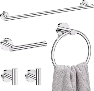 5 Pieces Polished Chrome Bathroom Accessories Set, Stainless Steel 24 Inch Bath Towel Bar Set, Round Toilet Paper Holder Set Wall Mounted