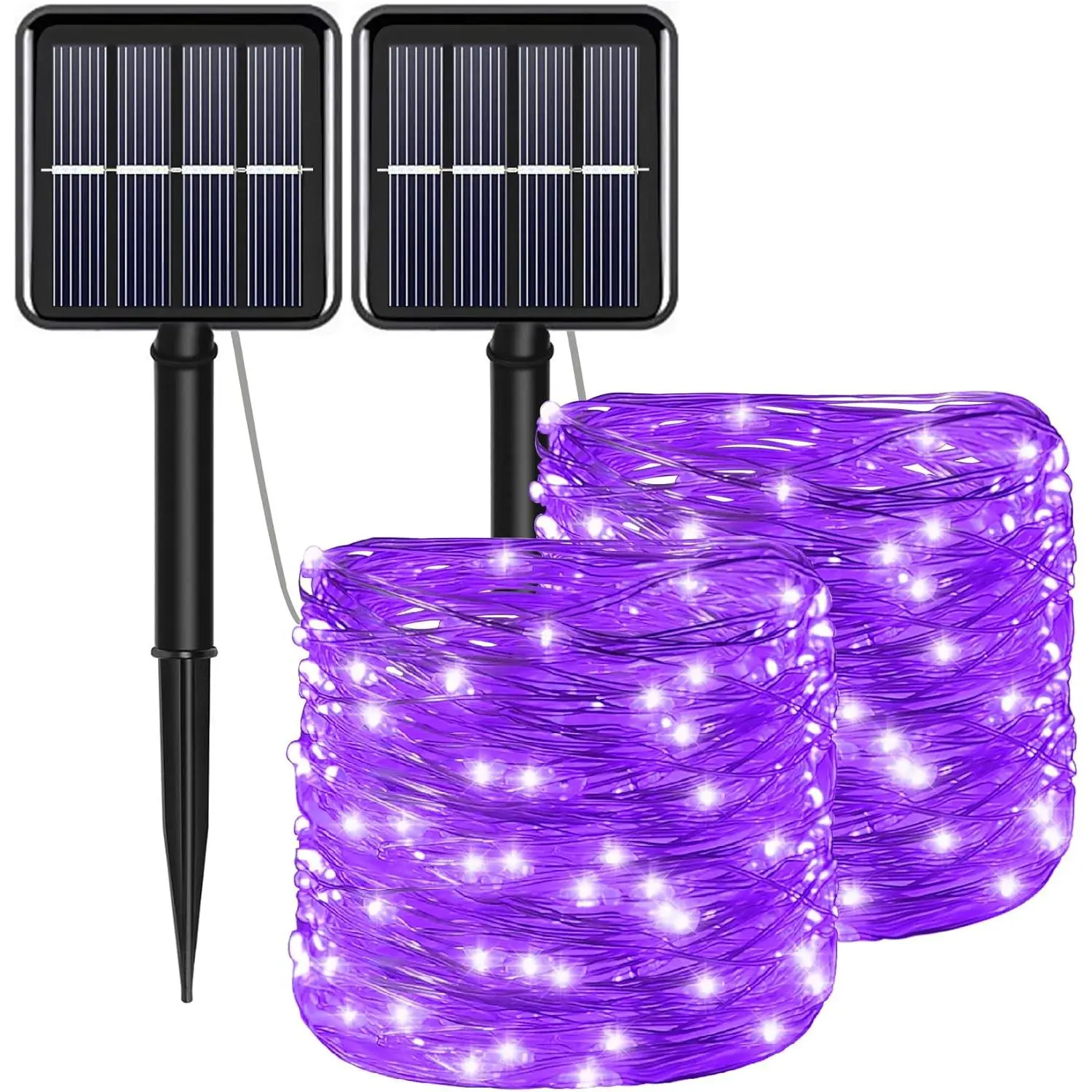 Solar Christmas Halloween String Lights Purple Outdoor  2Pack Total 200Led 8 Modes Copper String Lights Fairy Lights for Valentine's Day Garden, Patio, Fence, Balcony, Outdoors