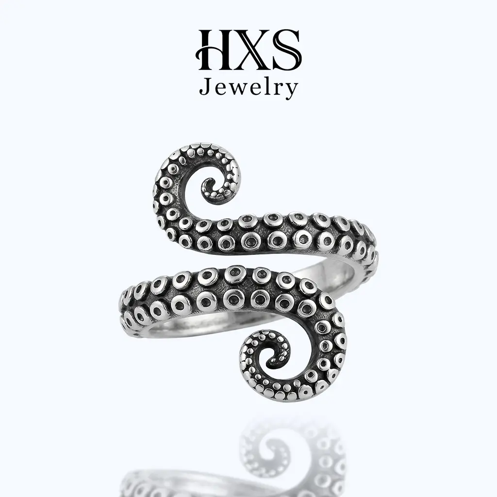 HXS Unique Rings & Elegant Ring 925 Sterling Silver Octopus Tentacle Ring Vintage Antiqued Suction Cup Texture Edgy Unisex for Daily Wear & Punk Parties Gift