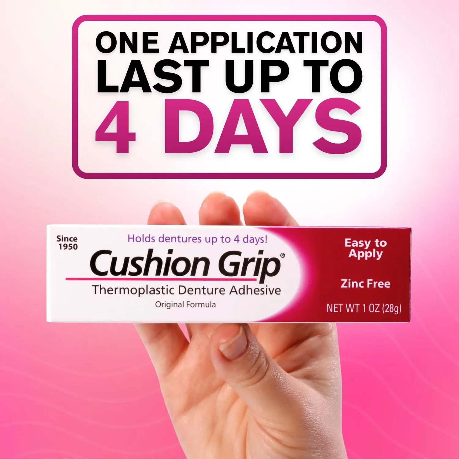 NEW 2026!!! Cushion Grip Thermoplastic Denture Adhesive - Refits & Tightens Dentures | Works Like a Denture Reliner for Secure Fit & Comfort, Holds Up to 4 Days, Glue-Free, Waterproof & Zinc-Free, 28g (3 Packs)