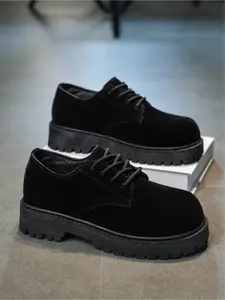 Men's Suede Chunky Platform Shoes, Khaki/Black Casual Lace-up Oxford Shoes, Non-slip Height Increasing Lug Sole Work Shoes for Men
