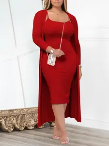 Two-Piece Set Women's Solid Long Sleeve Open Front Outerwear & Spaghetti Strap Cami Dress Set, Casual Fashion Cozy Two Piece Outfits for Daily Outdoor Wear, Women Clothes for Fall & Winter