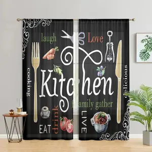 Kitchen Utensils Pattern Window Curtain, Cooking Element Pattern Door Curtain, Home Decor for Bedroom, Living Room, Kitchen, Dining Room, Bathroom