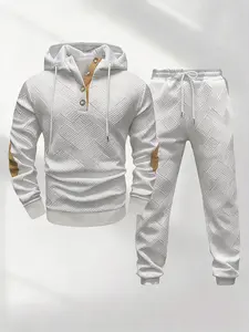 Hipster Men's Half-Zip Hooded Sweatshirt & Pants Set - Quilted Pattern + Contrast Elbow Patches