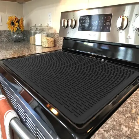 Rectangle Silicone Placemats & Coasters Set - 1-Piece 27.6in x 19.7in Heat-Safe Trivet Cover, Washable Kitchen Tableware & Accessories, Non-Slip Waterproof Dishwasher-Safe Glass Cooktop Guard, Coffee Bar Station Cooking Decor Kitchen Accessory