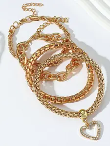 4-Piece Rhinestone Heart Corn Maize Bracelet Set, Eco-Friendly Alloy, Fade-Resistant, Stackable, Elegant Design, Perfect for Daily Wear