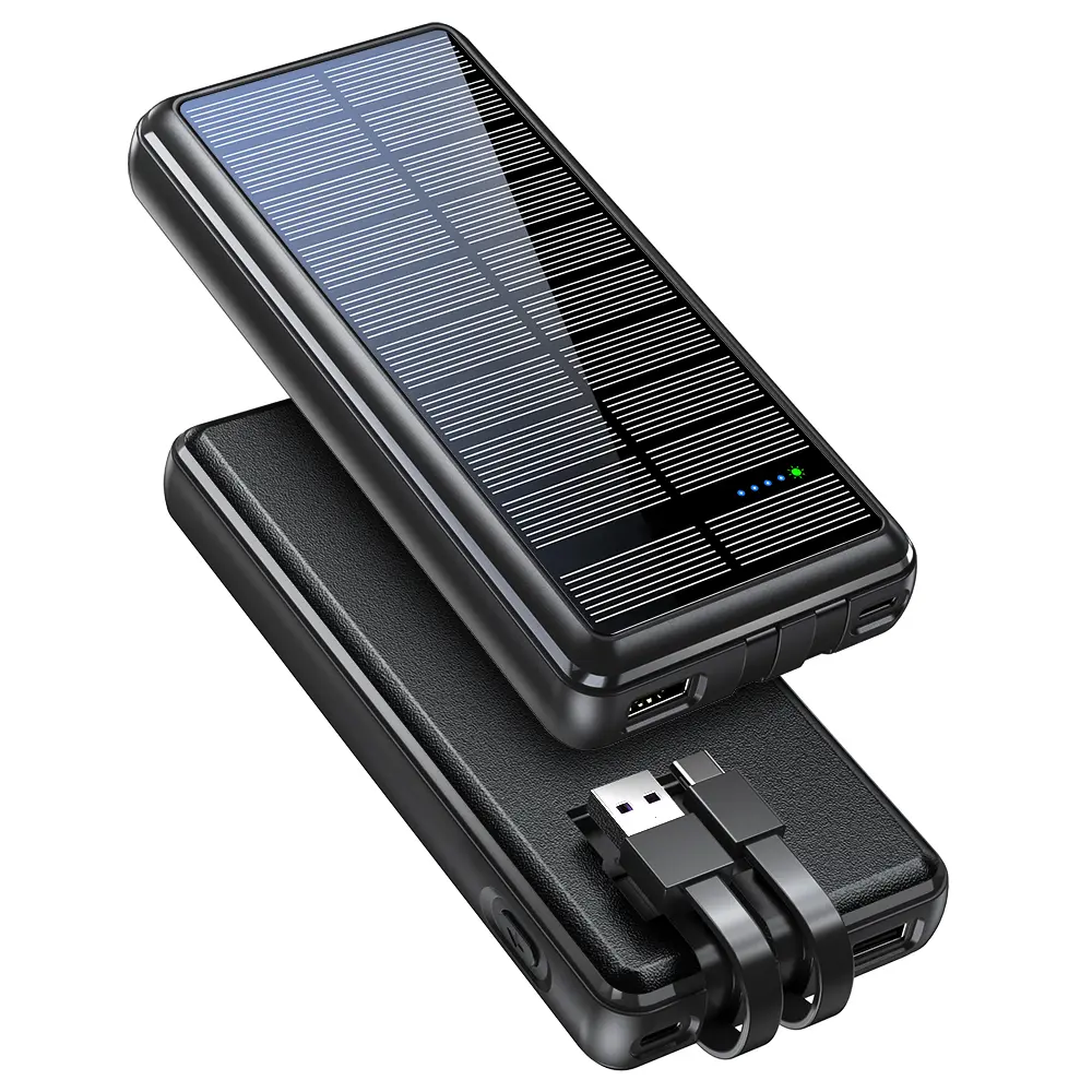 Black-36800mAh Solar Power Bank with Built-in Cables, Solar Panel, USB-C I/O, LED Flashlight - Compact Travel Battery Pack for iPhone 16/15/14/13, Samsung Galaxy, iPad - Mobile Smartphone Devices Charging Tools and Gadgets for Camping, Accessories, Cool G