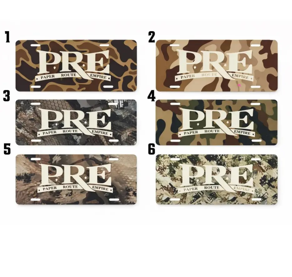 [PRE, Paper Route Empire, Camo, Hip Hop & Young Dolph Vibe] PRE Paper Route Empire Camo Aluminum License Plate, 12x6 Front Car Tag, Hip Hop Young Dolph Tribute Vehicle Vanity Decor