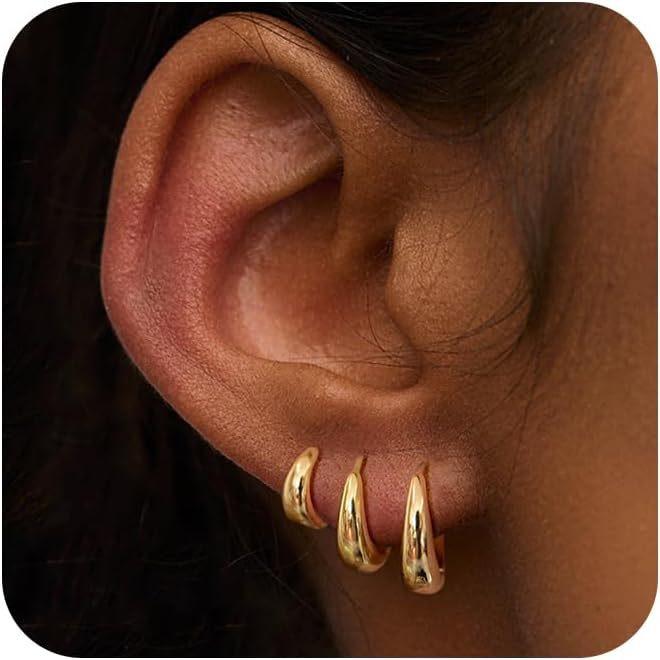 6 Pcs Huggie Hoop Earrings 8mm/10mm/12mm 14K Gold Plated Earring Stack Small Earrings for Women Hypoallergenic Trendy Waterproof Multiple Cartilage Earring for Women Surgical Steel Stud Set